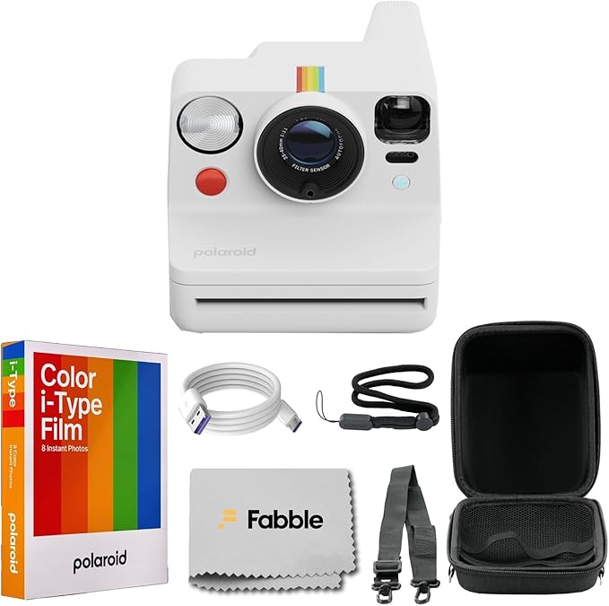 Polaroid Now+ Generation 3 I-Type Instant Film Camera (White) Bundle with Polaroid Color I-Type Film (8 Exposures), Hard Protective Case and USB-C 6 ft. Cable