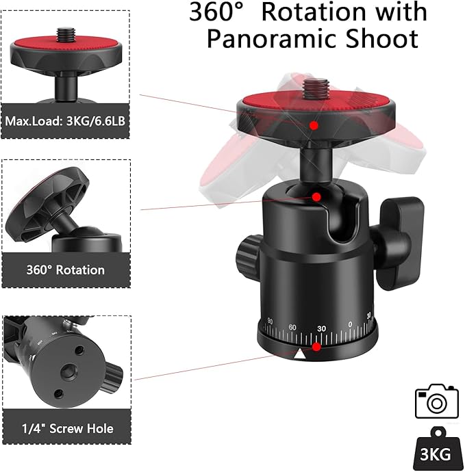 Universal 1/4" Swivel Mini Ball Head Screw Tripod Mount with Hot Shoe Mount, EszkozTA 360° Panoramic Rotating Mount Base Adapter for DSLR Cameras HTC Vive Tripods Monopods Light Stand