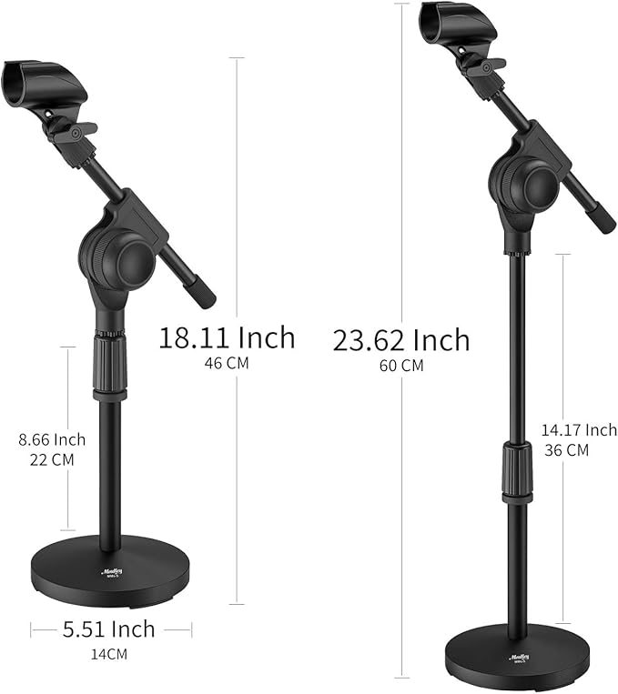Moukey Mic Stand Desk Adjustable Tabletop Microphone Stand with Non-Slip Mic Clip, Short Table Mic Stand with Gear Fixing, Boom Arm, 3/8" and 5/8" Adapter, MMs-5
