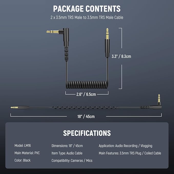 NEEWER 2 Pack Aux Cable Set, 3.5mm TRS Male to 3.5mm TRS Male Coiled Cable Compatible with DJI Mic Rode Wireless GO II Hollyland Lark NEEWER CM28 CM31 Wireless Microphone Camera PC Headphones, LM16