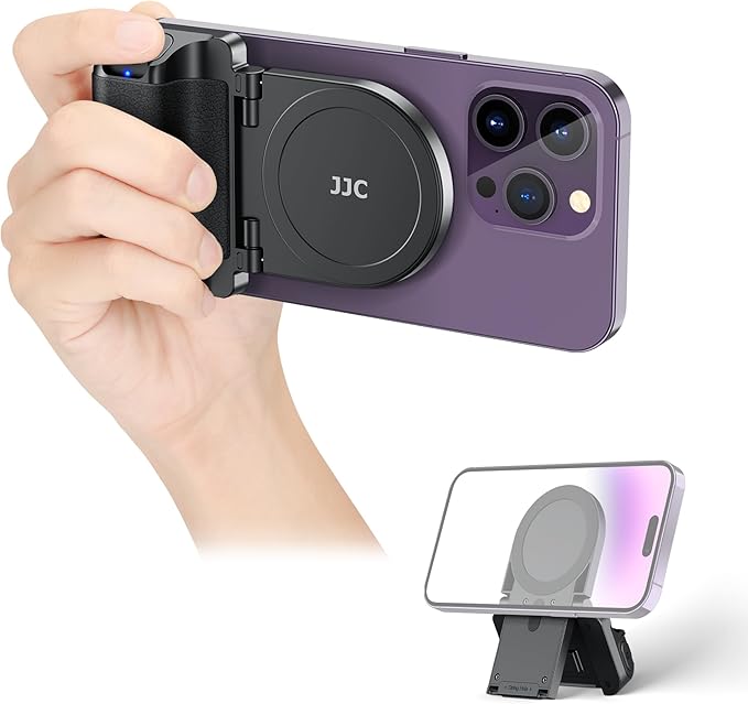 JJC Magnetic Phone Camera Grip Handle with Wireless Shutter Remote, Magsafe Camera Handle Bluetooth Bracket for iPhone Android Smartphone with 1/4” Tripod Screw for Video Photo Shooting (Black)