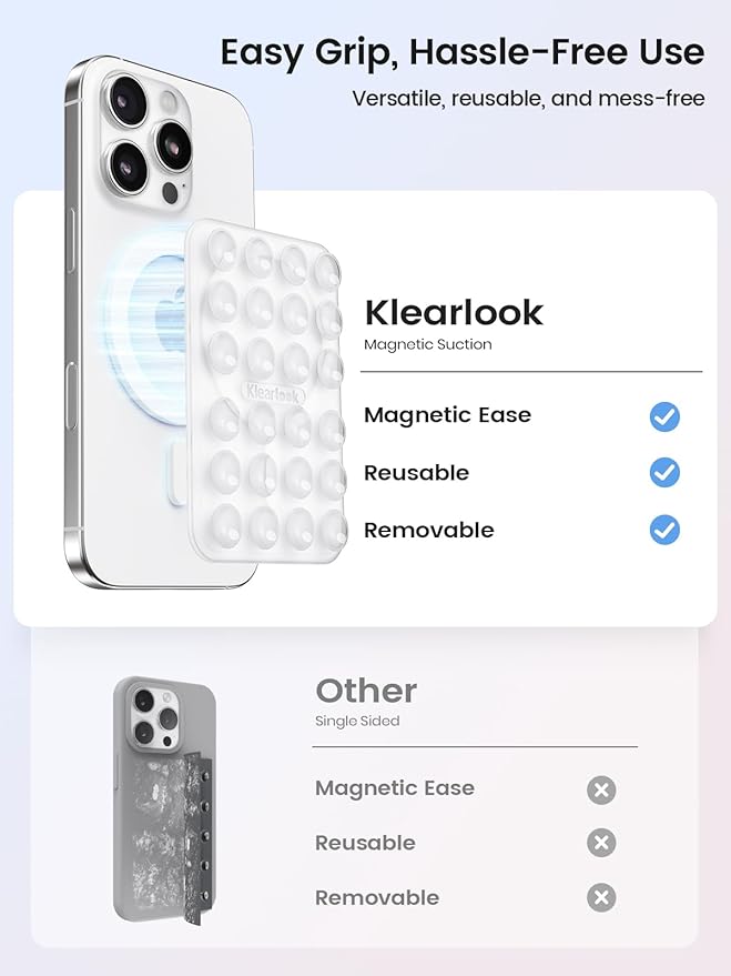 Klearlook Magnetic Suction Phone Mount for MagSafe Case, Removable Sticky Phone Grip Holder for Hands-Free Makeup/Selfie/Live Streaming/Vlog for TikTok & Instagram Influencer/Creator, Transparent