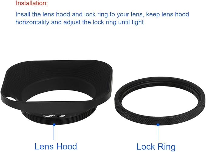 Haoge LH-E2P 49mm Square Metal Screw-in Lens Hood Hollow Out Designed with Cap for Leica Rangefinder Camera with 49mm E49 Filter Thread Lens Black