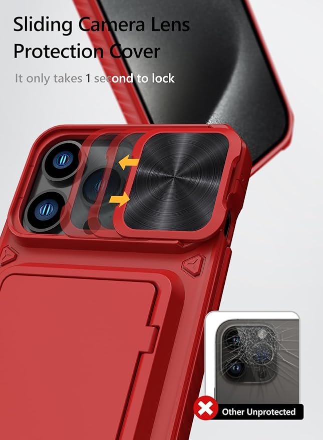 Vihibii for iPhone 15 Pro Max Wallet Case with Card Holder (4 Cards) & Slide Lens Protective Cover & Kickstand & Raised Edges Protect Screen, Shockproof Rugged Case for iPhone 15 Pro Max 6.7", Red