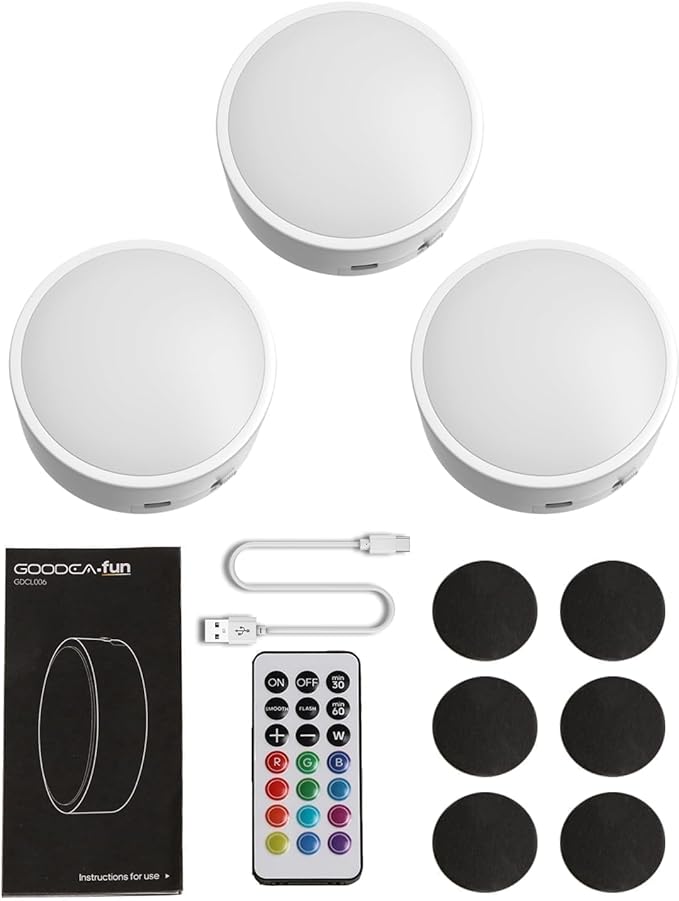 Puck Lights with Remote, 13 RGB Colors LED Under Cabinet Lights, Rechargeable Baterry Operated Under Cabinet Lighting Tap Lights, Stick on Lights with Dimmer and Timer（3 Pack）