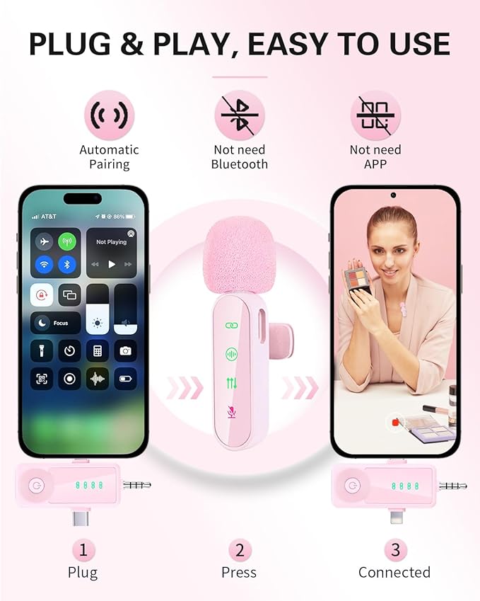 Wireless Lavalier Microphone for iPhone/Android/Camera, Upgraded Mini Microphone with Noise Reduction, 4 Mic for Video Recording, Podcasts, YouTube, TikTok, and Vlogging (Pink)