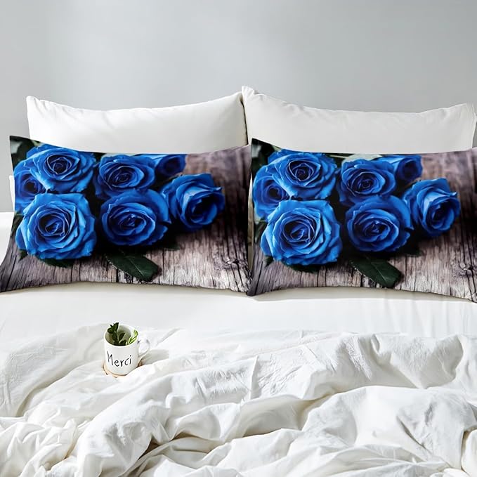 Erosebridal Blue Rose Sheet Sets King Size Romantic Bedding for Women Girls - Love Moment Print Fitted Sheet 4 Pcs Elegant Blossom Flowers Bed Sheet With 2 Pillowcases