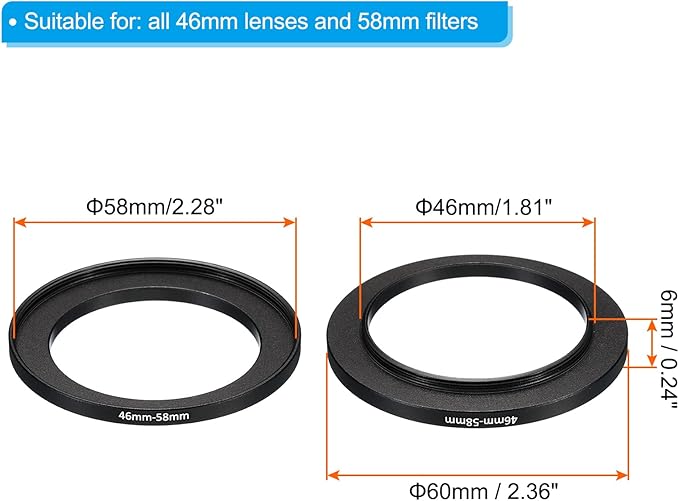PATIKIL 46mm-58mm Metal Step Up Ring, 2 Pack Camera Lens Filter Adapter Ring Aluminum Filter Adapter Ring for Camera Lenses Hood, Black