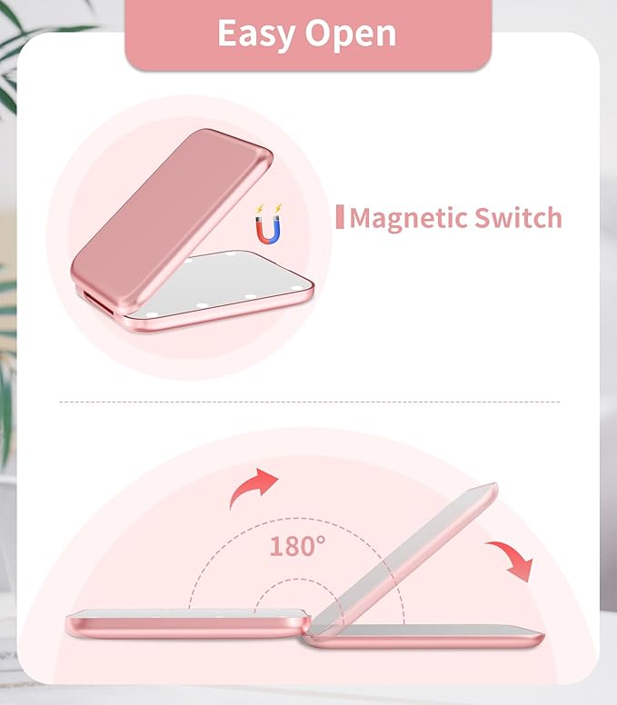 WOBSION Small Mirror with Lights,LED Compact Makeup Mirror,1x/3x Mini Travel Mirror with Magnification,Portable for Purse,Pocket,Gifts for Girls,Rose Gold