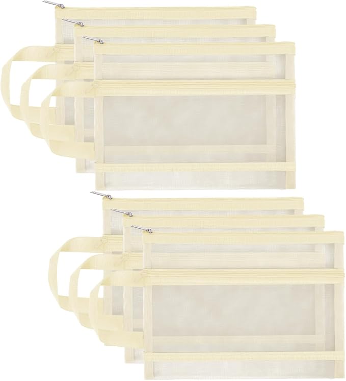 Fassave 6 Pack Mesh Zipper Pouch Bags, Double Layer Nylon Pouch with Handle for Office Travel Organization (Beige, A5)