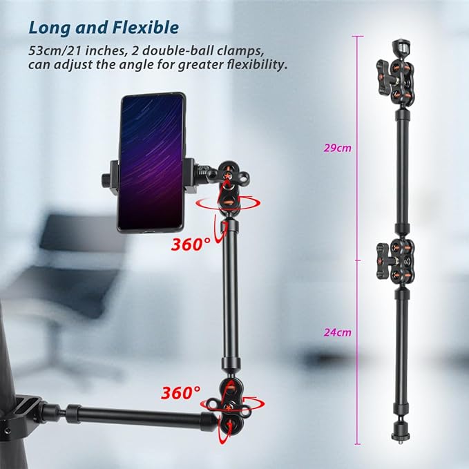 21"/53cm Adjustable Magic Arm with Super Clamp, Overhead Phone Mount, Heavy Duty Desk Camera Mount & Clamp,Flexible Joints Articulating Friction Arm for Light, Webcam, Mic, Action Camera