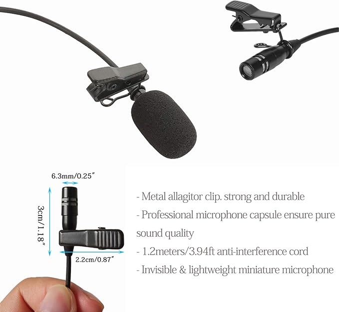Pro Lavalier Microphone Lapel Microphone 3.5mm (1/8'') TRS Unidirectional Condenser Mic for PC Camera Voice Amplifier Wireless Transmitter, Ideal for Lectures, Podcasts