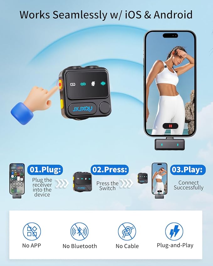 Wireless Lavalier Microphone for iPhone:JXJXQU Mic with Smart Noise Reduction, Reverb Effect, 30H+ Battery Life - Ideal for Video Recording/Podcasting/Streaming - Suitable for Vloggers and Streamers