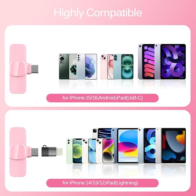 Wireless Lavalier Lapel Microphone for iPhone, iPad, mini Video Recording Mic for Interview Video Podcast Vlog YouTube & Livestream, Noise Reduction, Plug & Play (Pink Type C & Lightning Port)
