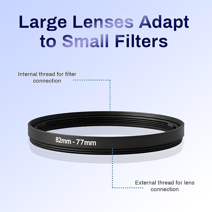82mm-77mm Step Down Lens Filter Adapter Ring, Camera Lens Filter Metal Stepping Rings Kit Black Compatible 82mm Lens to 77mm UV/ND/CPL Filters Threaded Lens Accessories