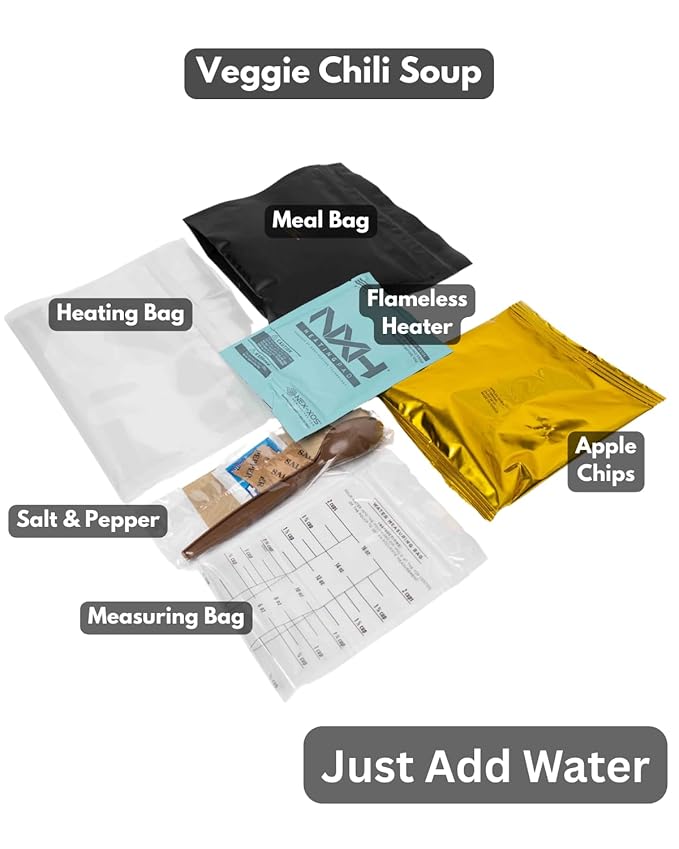 Heaven's Harvest Self-Heating Emergency Meal Kit (10 Year Shelf Life) — Tastier than MRE Meals & Ready-To-Eat in Minutes! Just add water to activate the “cooking” process. (Veggie Chili) (6-Pack)