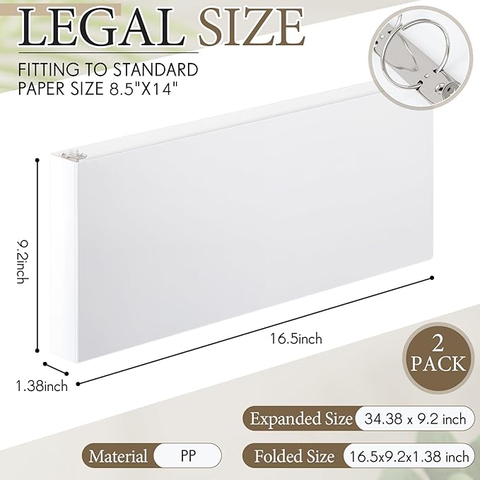 Humyoun 2 Pcs 8.5'' x 14'' Landscape 3 Ring Legal Size Binders 1 Inch Round Ring Binders Heavy Duty Economy Holds 8.5 '' x 14'' Paper for Artwork Blueprints, Office, Home, Work Places (White)
