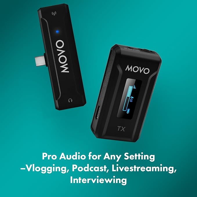 Movo WMX-2-C Wireless Microphone for USB-C Devices – Wireless Lavalier Mic System with Charging Case – Clip-On Lapel Mic for iPhone 15 and Up, Android, iPad Pro, MacBook – 7HR Battery, 328ft Range