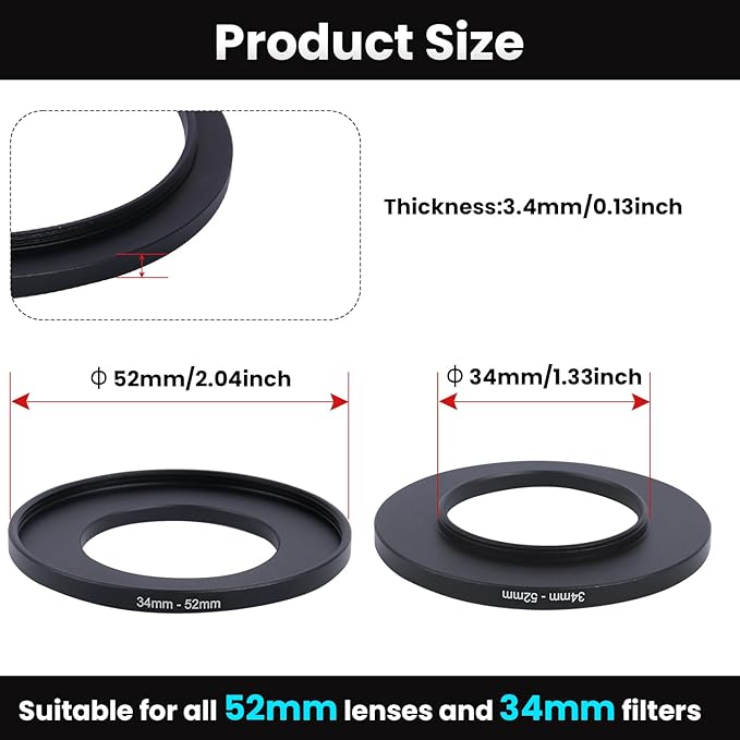 Metal Step Up Ring Filter Adapter - 34mm to 52mm - Metal Ring Step Up Rings Adapter Filter Compatible with All 52mm UV, CPL, ND, Lens Hood, Threaded Lens ect