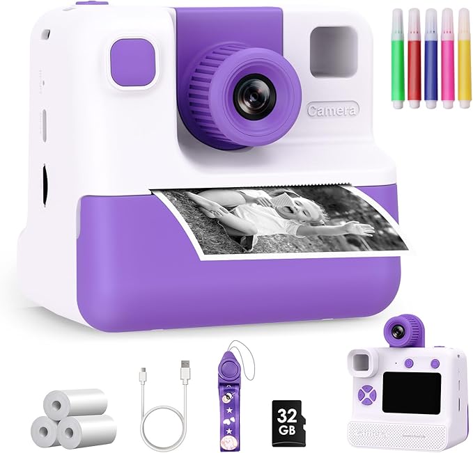 Kids Camera Instant Print, Christmas Birthday Gifts for Girl Boys 3-12 Years Old, FHD Selfie Digital Video Cameras Toddler 3 Rolls Print Paper & 32G Card (Retro, Purple-White)