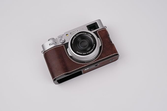 Genuine Leather Camera Half Case for Fujifilm X100VI - Top Layer Cowhide Body + Metal Base Plate - Hand Shank Free Design (Dark Brown)