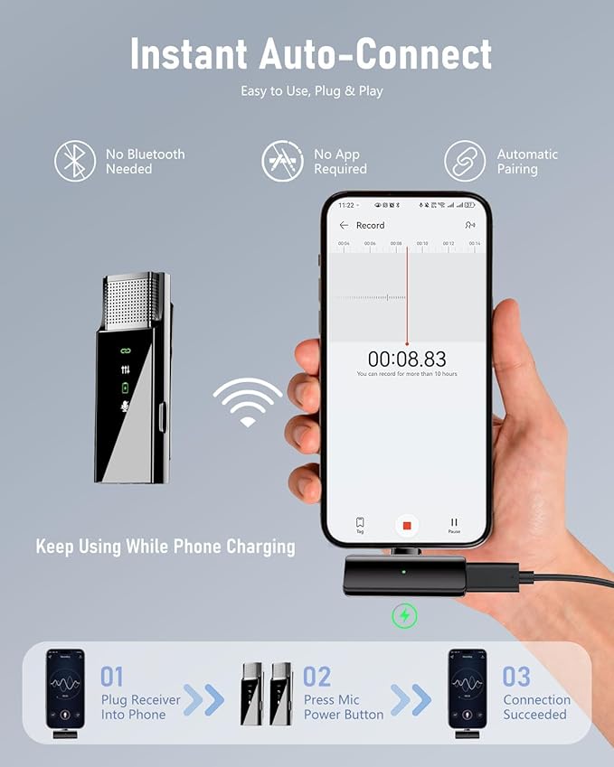 Pro Wireless Lavalier Lapel Microphone System for iPhone Android Phone PC Laptop with USB C/Lightning, 48KHz 24Bit, 30H Battery, Reverb, Noise Cancelling for Video Recording Podcast Stream Vlog