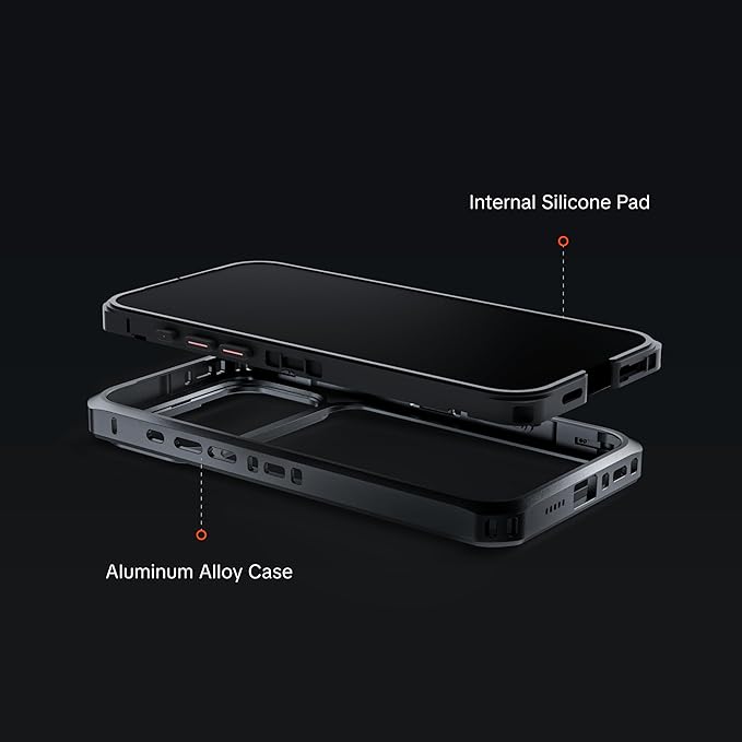 PGYTECH ProShot Phone Case for iPhone 17 Pro, Aluminum Alloy Protective Cage with 4 Expansion Ports, 3 Strap Holes & Silicone Liner for Heat Dissipation Black