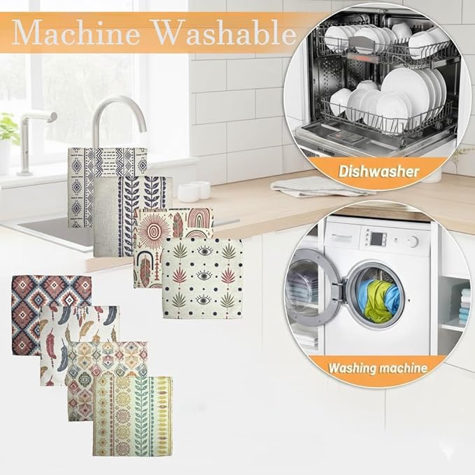 8-Pack Ultra-Fine Microfiber Kitchen Towels, 7-Inch Square with 8 Clips & Multiple Patterns – Soft, Absorbent, Reusable Cleaning Cloths (Bohemian Style)