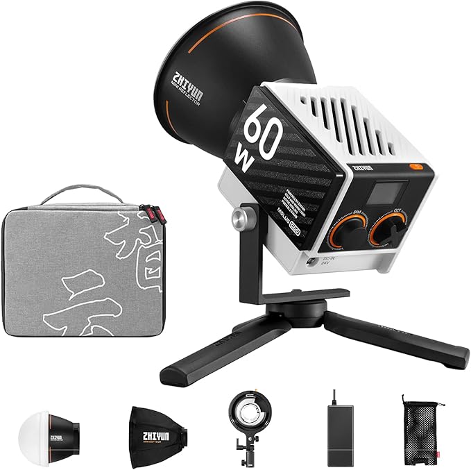 ZHIYUN Molus G60 Combo, Bi-Color Video Light, 300g Portable 60W COB LED Continuous Output Lighting, CRI≥96, TLCI≥97, Bluetooth App Control with Bowens-Mount Accessories DC/PD Power Supply