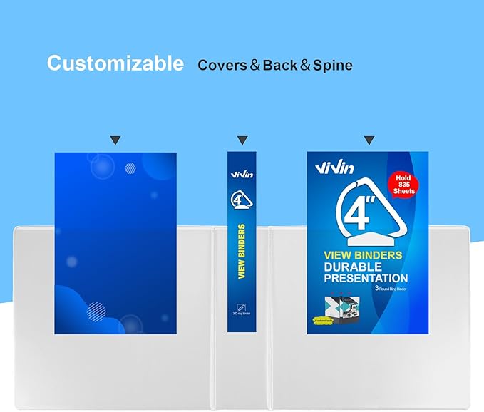 ViVin Durable 4 inch D Ring View Binder, Large 4" Slant-D Ring with 835-Sheet Capacity, Fit 8.5" x 11" Paper, 2 Pack(White)