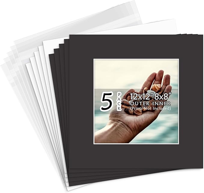 Golden State Art, Acid Free, Pack of 5, 12x12 Black Picture Mats Mattes with White Core Bevel Cut for 8x8 Photo + Backing + Bags