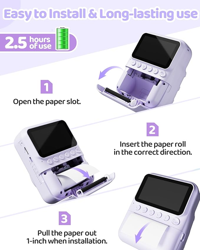 TIATUA Kids Camera Instant Print for Girls Ages 3-14, 3-inch HD Screen Camera for Kids with Printing Paper, 1080P Digital Toddler Toys for 4 5 6 7 8 9 10 11 12 Years Old (Purple)