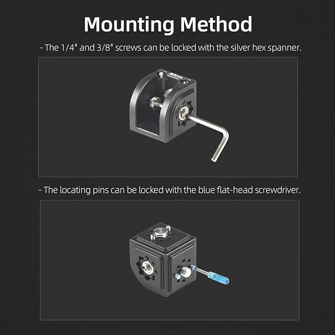 Nitze Camera Mount Cube Adapter (4-Sided) Camera Mount with 1/4” / 3/8" Locating Holes, 3/8” to 1/4” Thread Adapter, 1/4” Screws, 3/8” Screws and Locating Pins - N82A