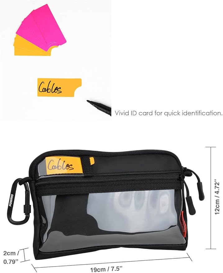 Video Accessories Organizer Pouch with Clear Window, 900D PU Utility Bag for Camera Accessories, Cable Storage, Battery Case, Small Tool Bag with Carabiner & ID Labels, for Travel Filming