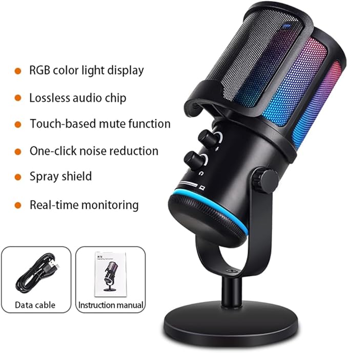 USB Gaming Microphone for PC/PS5 - RGB Condenser Mic with Noise Cancellation & Tap-to-Mute - Triple-Knob Control (Gain/Monitor Mix/Vol) - Desktop Stand for Streaming, Podcasting, Twitch, Discord