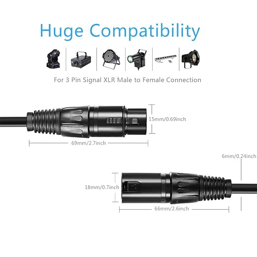 6ft DMX Cable, Gold-Plated 3 Pin Signal XLR Male to Female DMX Cable Wire, Best for DJ Stage Lighting Moving Head Lights Par Light (4 Pack)