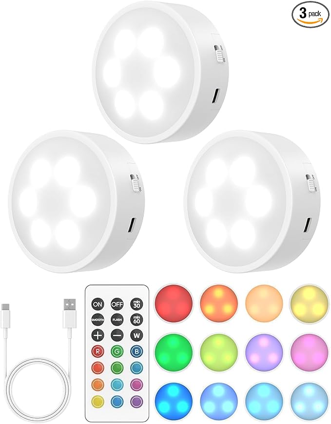 Puck Lights with Remote, 13 RGB Colors LED Under Cabinet Lights, Rechargeable Baterry Operated Under Cabinet Lighting Tap Lights, Stick on Lights with Dimmer and Timer（3 Pack）