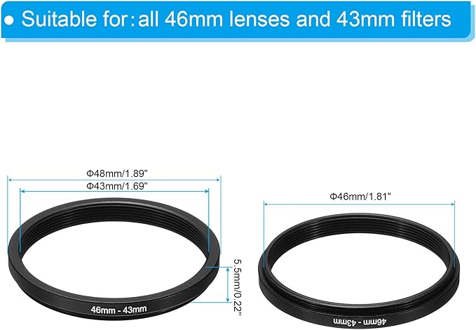 PATIKIL 46mm-43mm Metal Step Down Ring, Camera Lens Filter Adapter Ring Aluminum Filter Adapter Ring for Camera Lenses Hood, Black