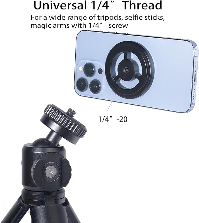 Magnetic Phone Tripod Mount Adapter for Magsafe, with 1/4” Screw and Magnetic Ring Compatible with iPhone 17/16/15/14/13...Samsung, Almost All Cellphones Live, Broadcast Tripod..