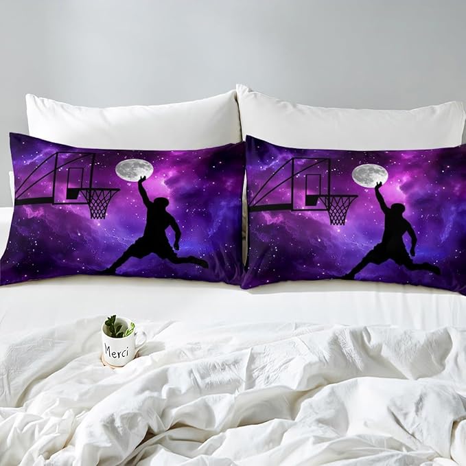 Galaxy Sheet Sets Boys Girls Basketball Flat Sheet Blue and Purple Starry Sky Bedding Universe Moon Print Sports Theme Basketball Bed Sheet, 1 Flat Sheet + 1 Fitted Sheet + 1 Pillowcase, Twin Size