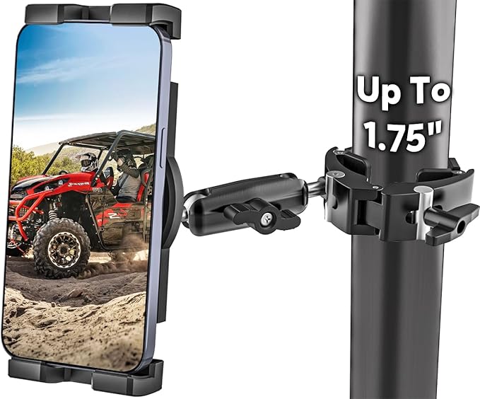 GDZN UTV Phone Mount for 1.5"-1.75" Roll Cage, Anti-Vibration Heavy Duty UTV/SXS Phone Holder with 360° Adjustable Arm, Aluminum Alloy Roll Bar Bracket Fit Polaris RZR, Can-Am for 4.7"-7.6" Devices