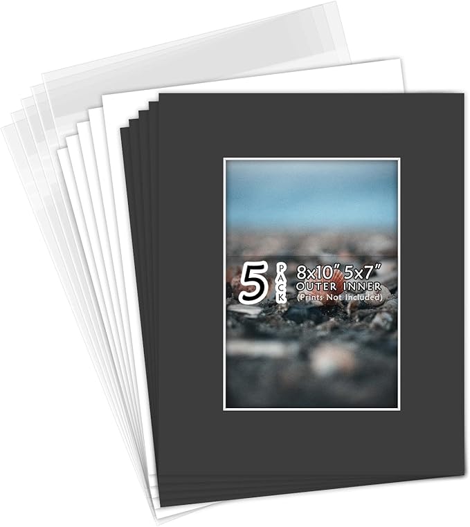 Golden State Art, Acid Free, Pack of 5, 8x10 Black Picture Mats Mattes with White Core Bevel Cut for 5x7 Picture & Backing & Bags