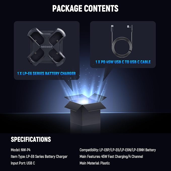 NEEWER LP-E6/LP-E6N/LP-E6NH/LP-E6P Four Channel Battery Charger with PD 45W Fast Charging, USB C Cable, Quad USB Charger Compatible with Canon EOS R5 Mark II 6D Mark II 5D Mark III 5D Mark IV, NW-P4