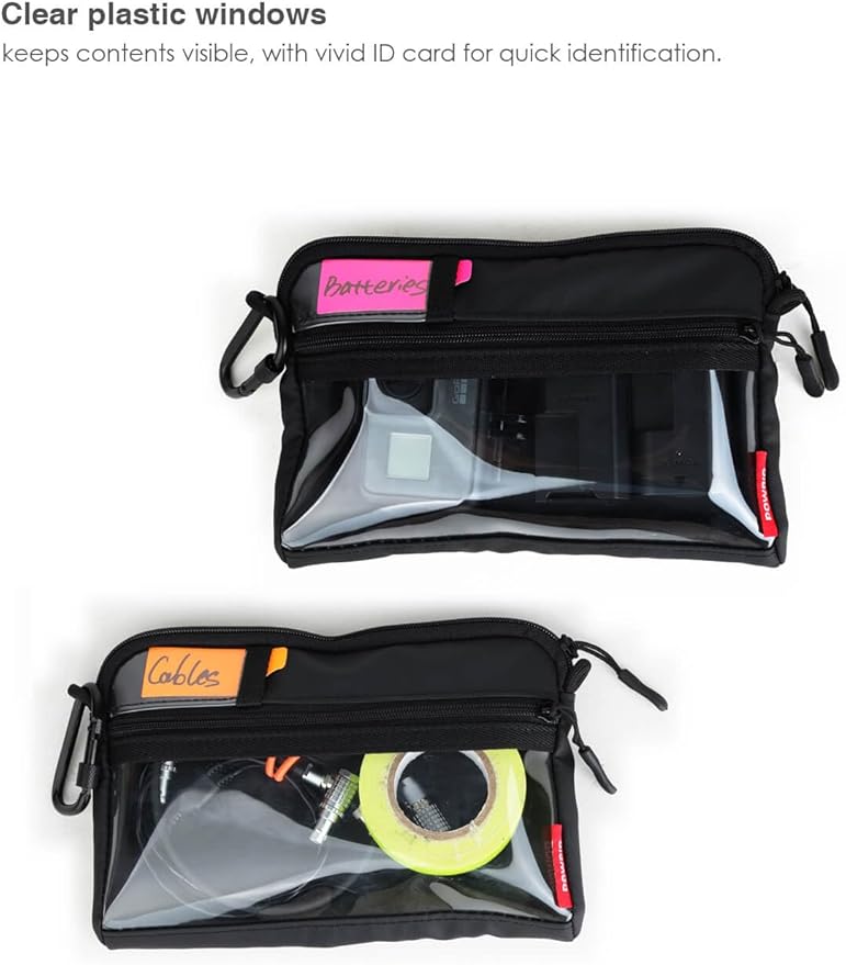 Video Accessories Organizer Pouch with Clear Window, 900D PU Utility Bag for Camera Accessories, Cable Storage, Battery Case, Small Tool Bag with Carabiner & ID Labels, for Travel Filming