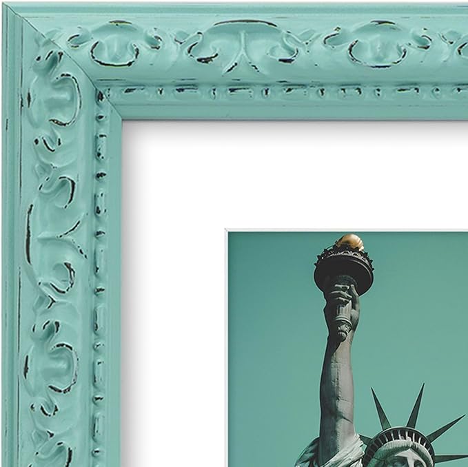 8x8 inch Distressed Wood Embossed Scroll Motif Vintage Antique Rustic Picture Frame, White Mat for 5x5 in Photo, Art Print Drawing, Wall Hanging or Desktop Display-Turquoise Blue