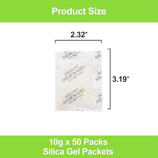 50-Pack 10g Silica Gel Desiccant Packs – Premium Rechargeable Moisture Absorbers with Color Indicator for Tool Boxes, Ammo Cans, Camera Gear & Clothing Storage