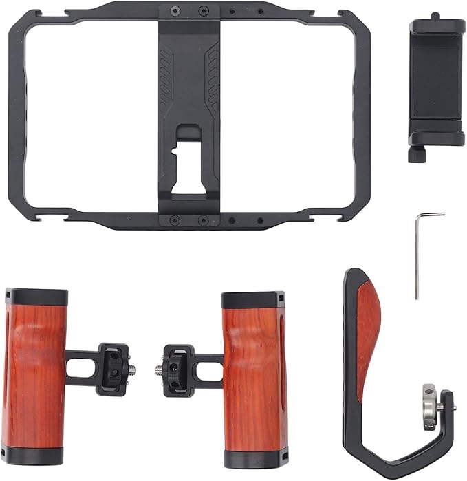 Smartphone Video Rig Smartphone Video Rig Kit, Aluminum Alloy Detachable Dual Wooden Handles Phone Cage for Vlogs, Live Streaming, and Stable Shoots