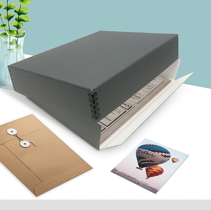 Golden State Art, Archival Storage Box, Acid-Free Drop Front Museum Box with Metal Edge for Storing Artwork Photos Documents Prints Arts And Crafts (Gray-11.75x15.25x3 Inches)