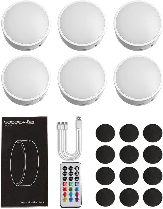 Puck Lights with Remote, 13 RGB Colors LED Under Cabinet Light, Rechargeable Battery Operated Under Cabinet Lighting Tap Lights, Stick on Lights with Dimmer and Timer（6 Pack）