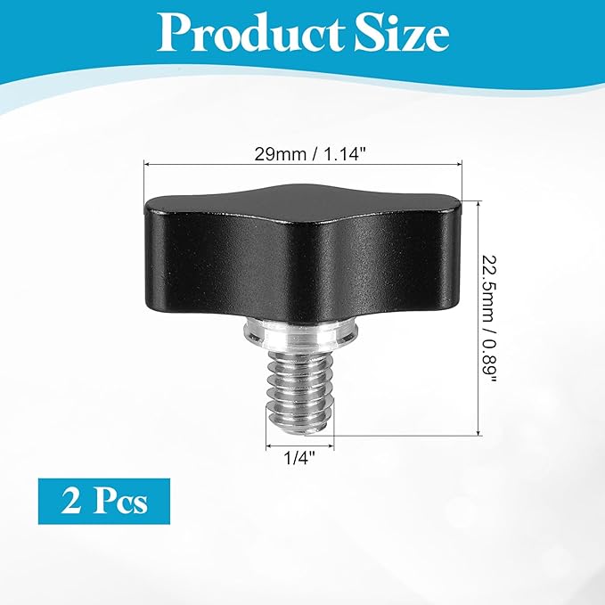 PATIKIL Clamping Screw Knob 1/4" x 0.87", 2Pcs Aluminum Alloy t Shaped Camera Thumb Screws for DSLR Flash Bracket Light Stand Adapter Action Sports Camera Mounting System, Black